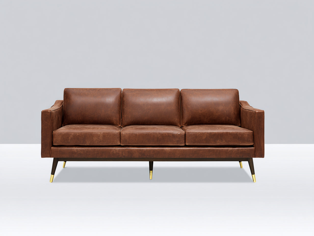 Sofás 3 plazas tapizado efecto piel envejecida 220x90x84 cm marrón para salón estilo industrial