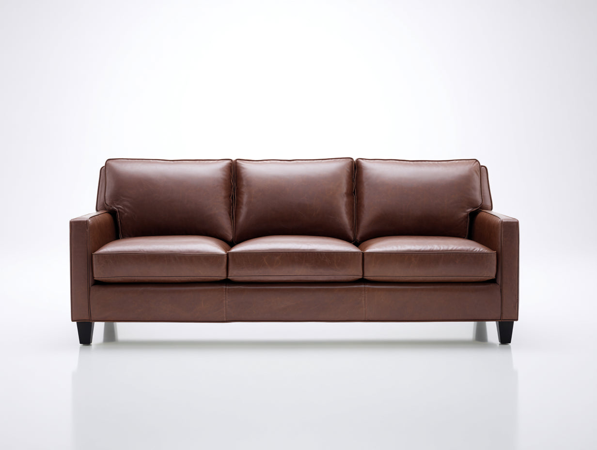 Sofás 3 plazas tapizados en cuero sintético marrón 220x90x82 cm para salón estilo moderno con patas negras
