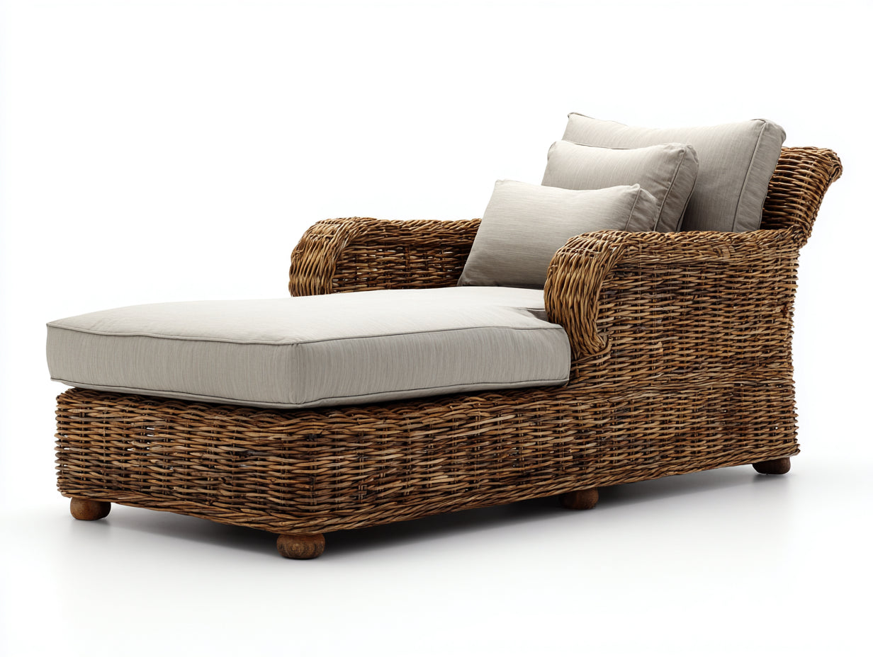 Tumbonas de ratán natural 200x86x82 cm beige para jardín y terraza estilo rústico con brazos curvados
