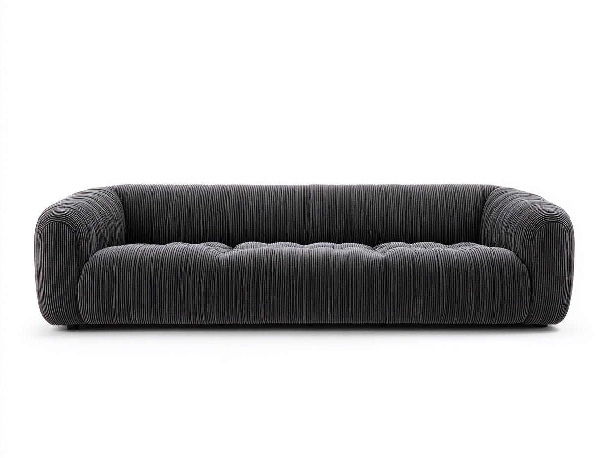 Sofás 3 plazas tapizados en pana gris oscuro 240x95x72 cm para salón estilo moderno con brazos redondeados