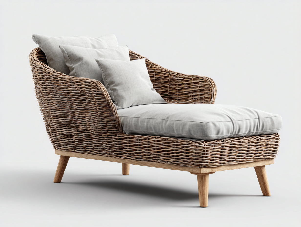 Tumbonas de ratán natural 190x82x78 cm gris claro para jardín y terraza estilo rústico con respaldo envolvente