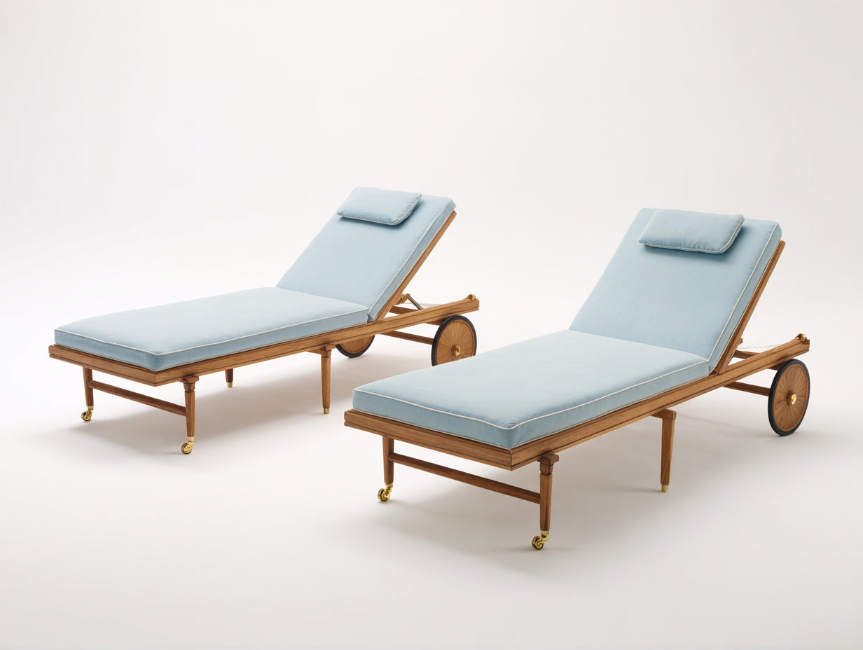 Tumbonas de exterior de madera 195x68x86 cm azul claro para jardín con ruedas y respaldo regulable
