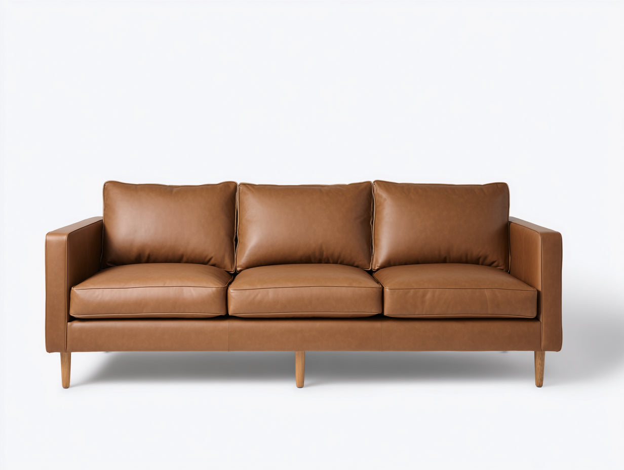 Sofás 3 plazas tapizados 222x90x82 cm - marrón coñac y madera natural - brazos rectos estilo moderno