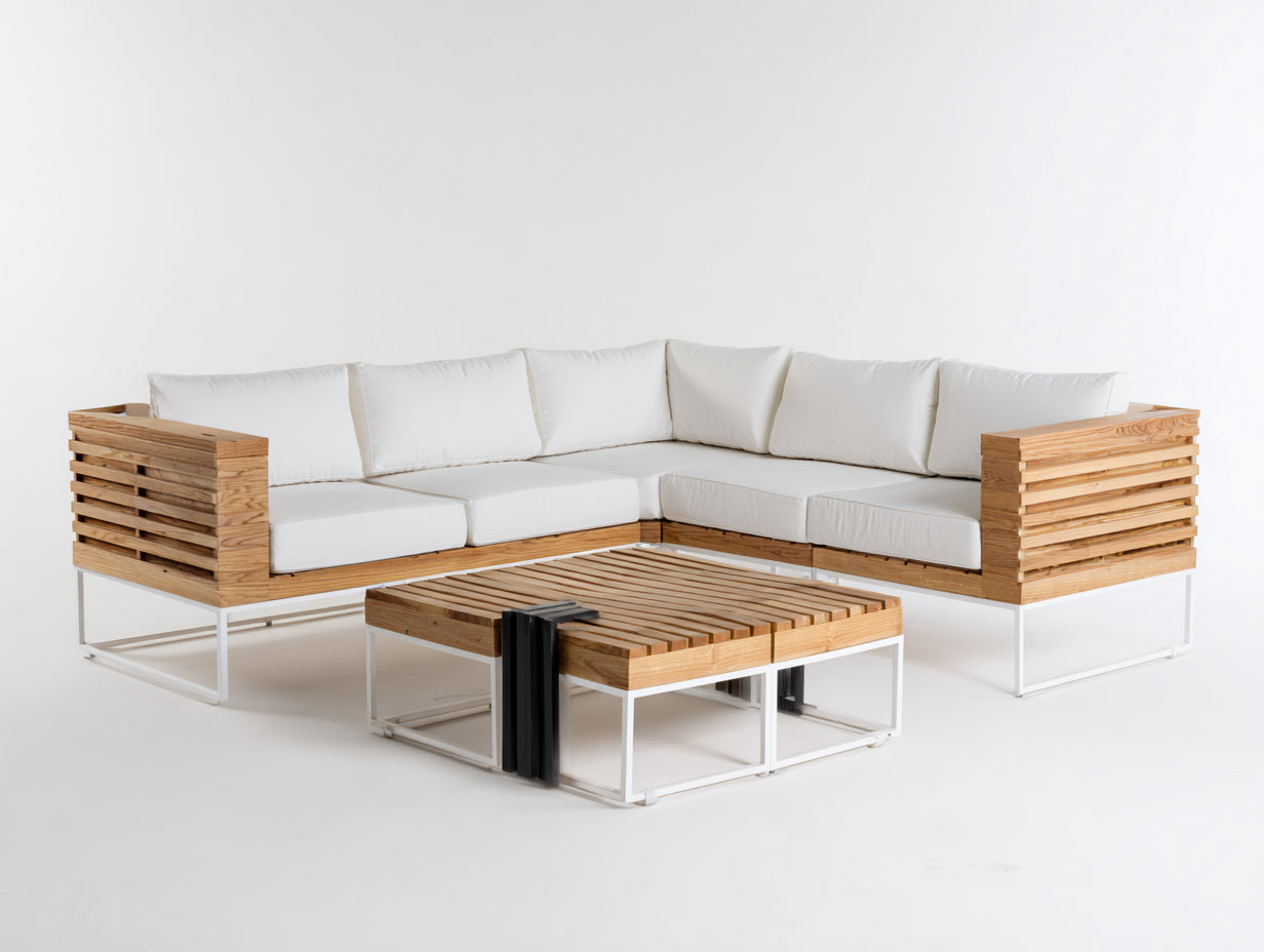 Sofás de exterior madera y metal 260x260x70 cm - Blanco-Madera natural - Con mesa de centro