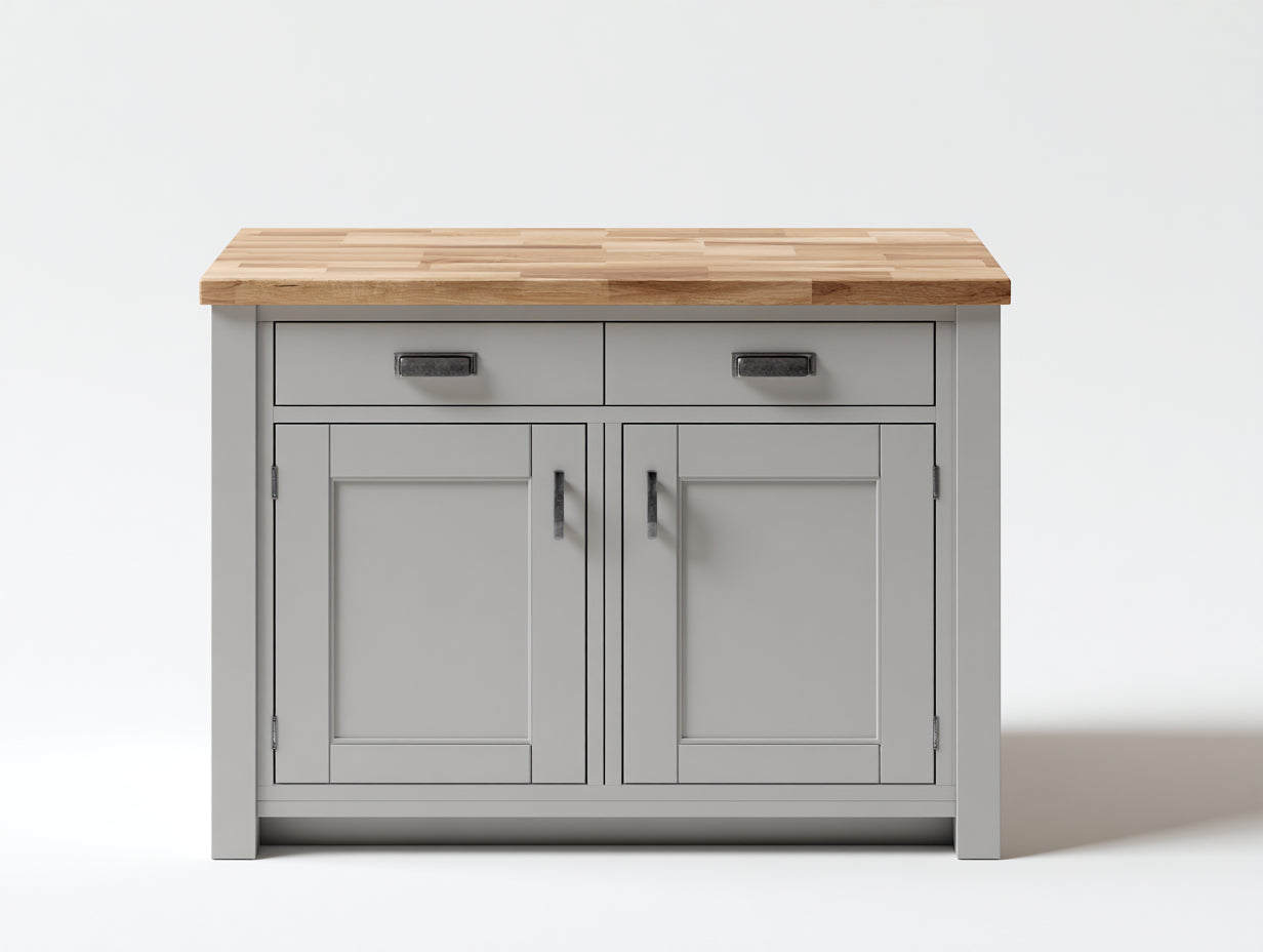 Aparadores de tablero MDF gris y madera natural 120x45x90 cm para comedor y cocina estilo moderno con 2 puertas y 2 cajones