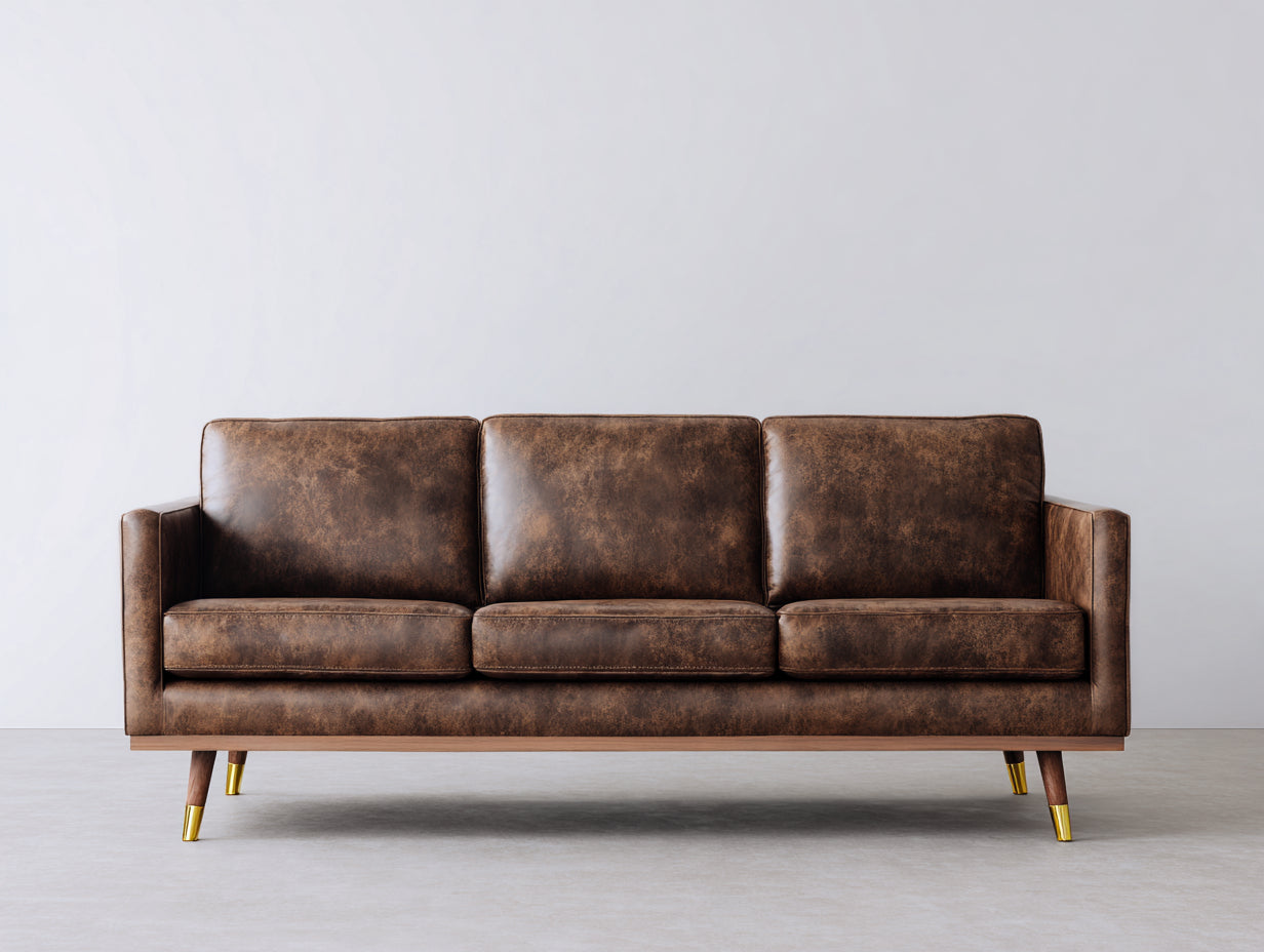 Sofás 3 plazas piel sintética 210x85x82 cm - Marrón oscuro-Madera natural - Estilo retro