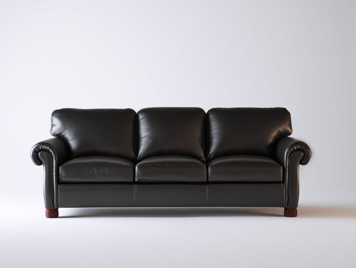 Sofás 3 plazas tapizados en cuero sintético negro 230x92x85 cm para salón estilo clásico con brazos enrollados