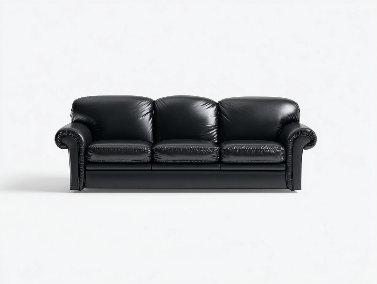 Sofás 3 plazas tapizado en cuero sintético 220x95x90 cm negro para salón estilo clásico con reposabrazos redondeados