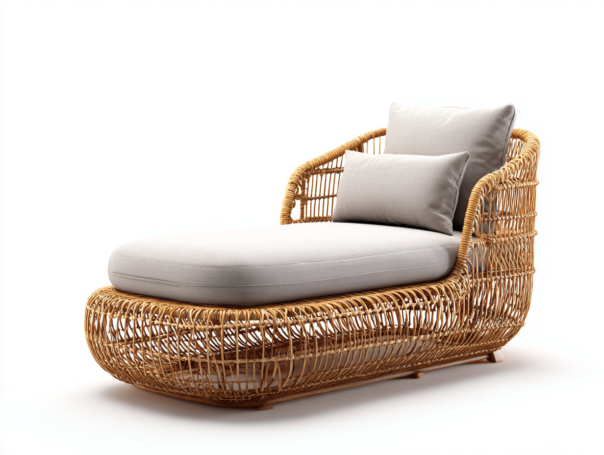 Tumbonas de ratán natural 185x78x76 cm gris claro para jardín y terraza estilo bohemio con respaldo lateral