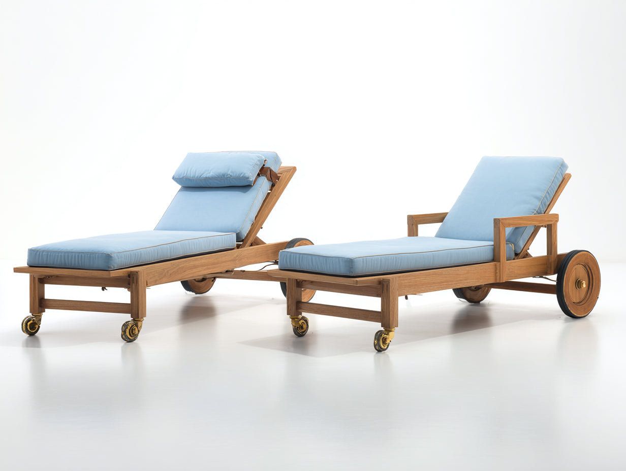 Tumbonas de madera 200x72x88 cm - madera natural y azul claro - set de 2 con ruedas estilo mediterráneo